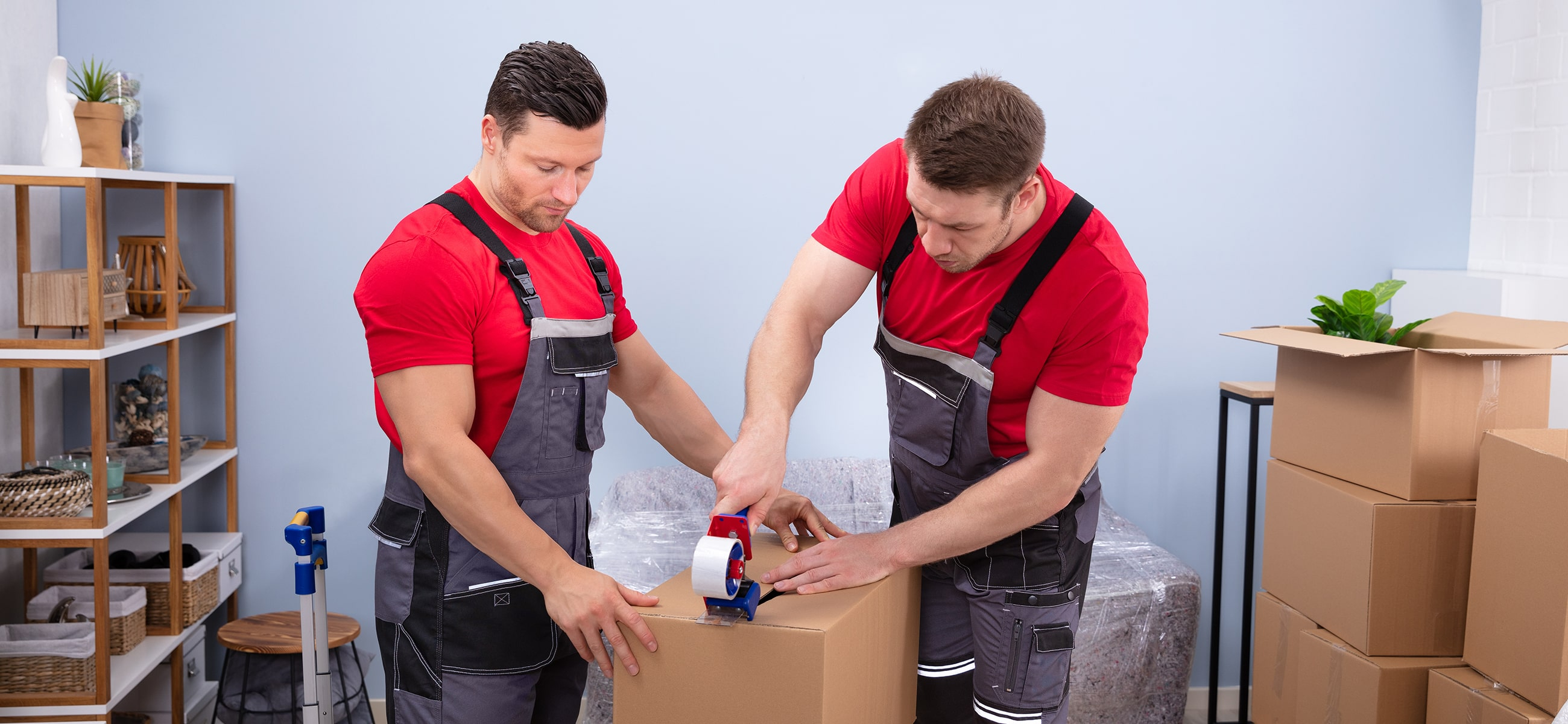 zwei Umzugshelfer verpacken Umzugsgut in Kartons